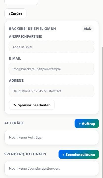Kadyo: Detailseite eines Sponsors mit Aufträgen und Spendenquittungen