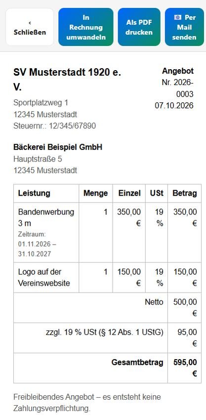 Kadyo: fertiges Angebot mit Positionen, Umsatzsteuer und Gesamtbetrag