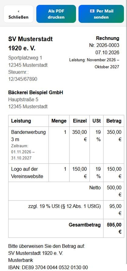 Kadyo: Rechnung mit Leistungszeitraum und Bankverbindung des Vereins