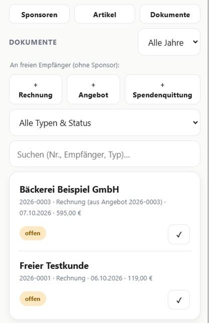 Kadyo: Dokumentenliste mit Filtern, Suche und offenen Rechnungen