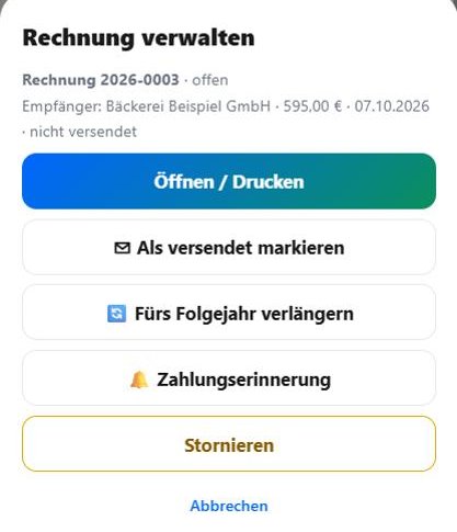 Kadyo: Rechnung verwalten mit Öffnen, versendet, verlängern, Zahlungserinnerung, stornieren