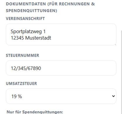 Kadyo: Dokumentdaten des Vereins mit Anschrift, Steuernummer und Umsatzsteuer